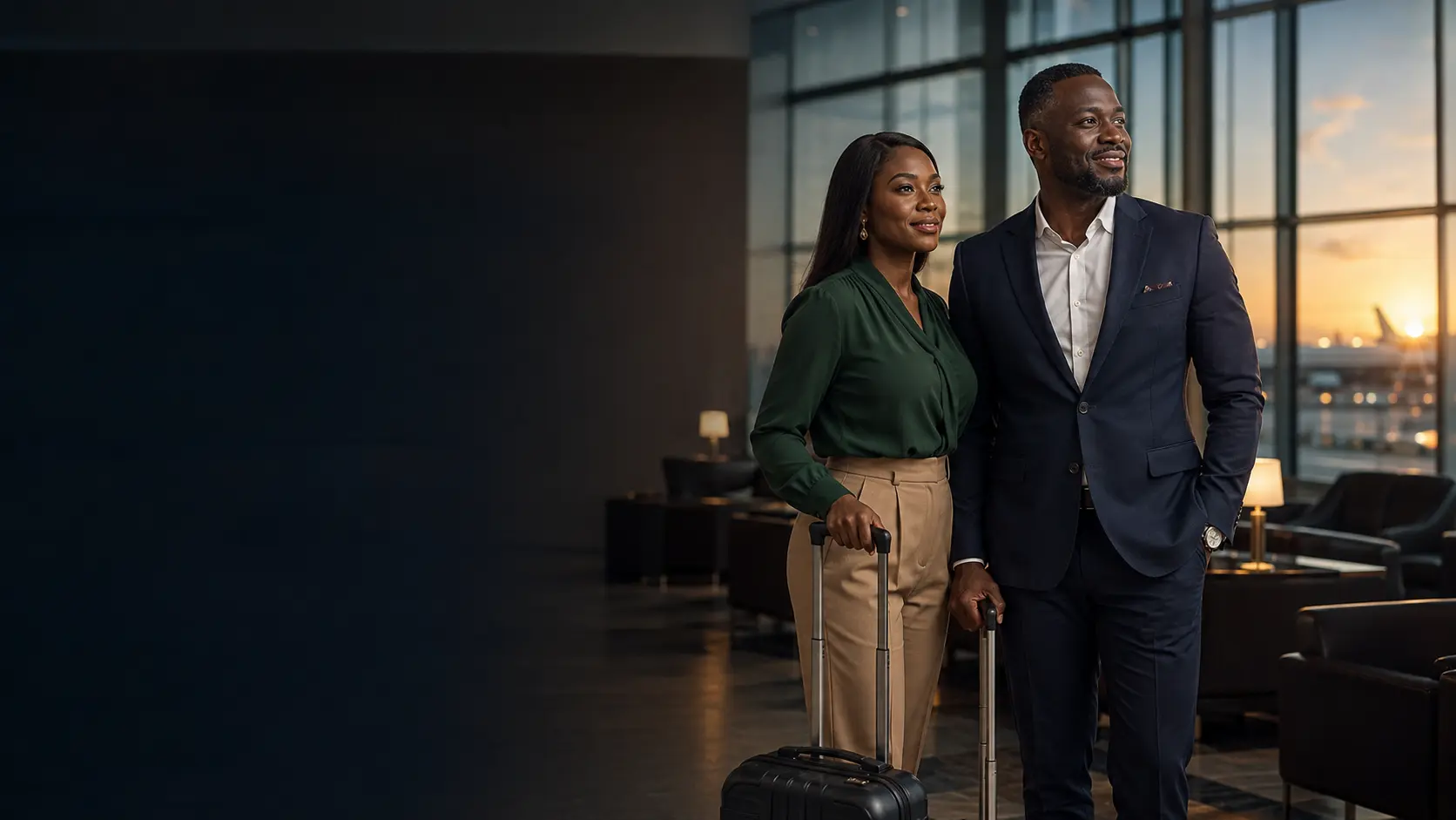 Nigerian professional couple preparing for an international journey